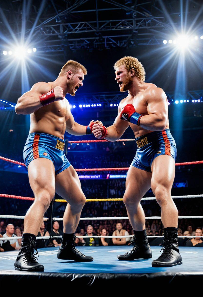 An intense scene of a pro wrestling ring under dramatic lights, with a close-up of two wrestlers in action, displaying their athleticism and determination. Surround the ring with cheering fans, holding colorful signs, capturing the excitement and community spirit. Incorporate elements like championship belts and a spotlight illuminating the wrestlers. Include motivational quotes subtly integrated into the background. super-realistic. vibrant colors. dynamic composition.