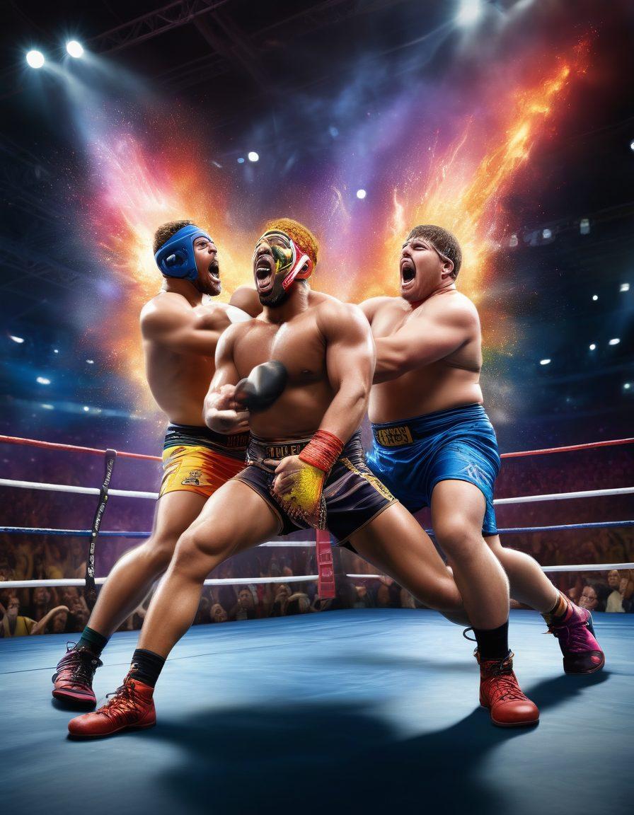 A dynamic wrestling scene showcasing diverse wrestlers in action, highlighting their unique styles and strategies inside a vibrant wrestling ring. Include cheering fans in the background, vibrant banners showcasing news headlines, and intense facial expressions that convey determination and strength. Add elements like wrestling gear, a championship belt, and spotlight effects to enhance the atmosphere. super-realistic. vibrant colors. action-packed.