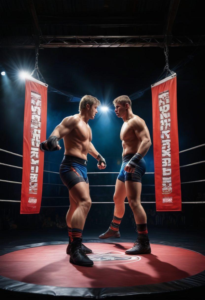 A dynamic wrestling ring with a spotlight shining down, showcasing two wrestlers in mid-action, demonstrating a powerful grappling move. Surround them with vibrant banners displaying essential gear like wrestling boots and protective gear. Include a training area in the background filled with weights and mats, emphasizing dedication and technique. The atmosphere should be energetic and compelling, capturing the essence of pro wrestling. super-realistic. vibrant colors. action-packed.